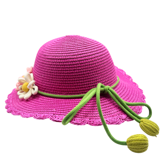 Palarie de paie BELLE pentru fetite, fucsia cu floare si snur verde [3]