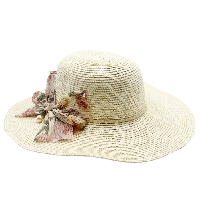 Pălărie damă paie crem cu fundă florală [3]