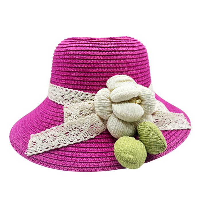 Palarie de paie MARISOL pentru fete, Fucsia cu floare si dantela [2]