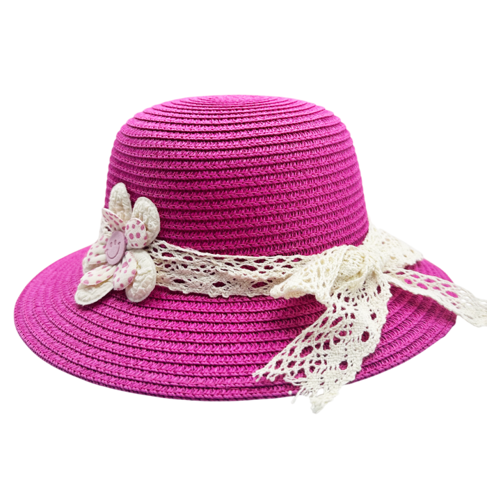 Palarie de paie MERIDA pentru fete, Fucsia cu floare si dantela [2]