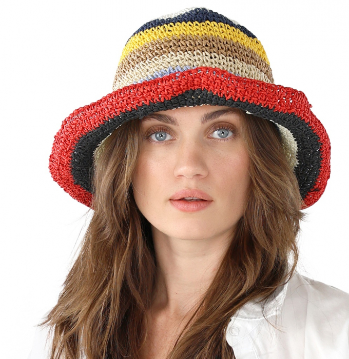 Palarie de soare BUCKET pentru femei, Paie, Rosu/ Multicolor [7]