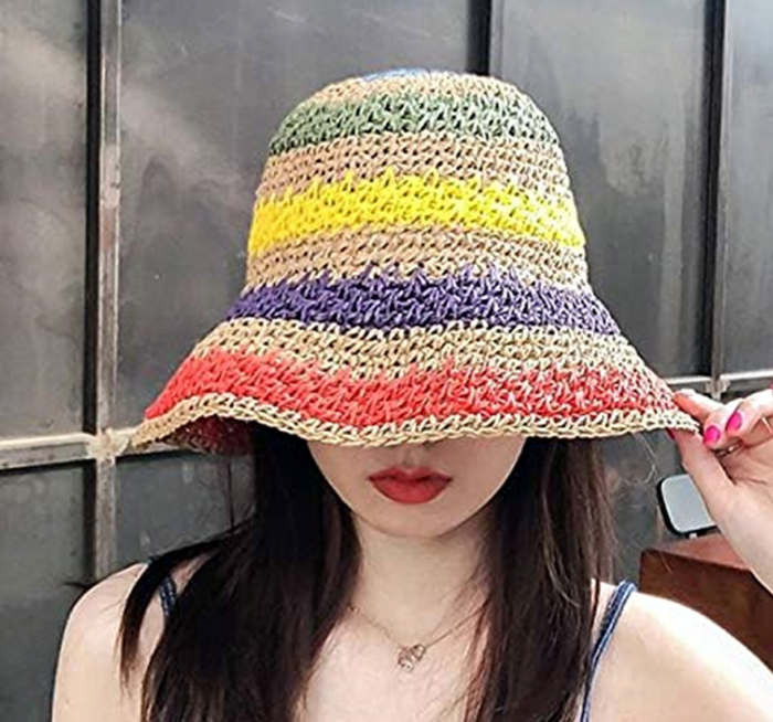 Palarie de soare BUCKET pentru femei, Paie, Maro/ Multicolor [6]