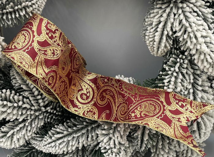 Panglica decorativa Brad Craciun PAISLEY, Burgundy/ Auriu, 6x540cm [1]