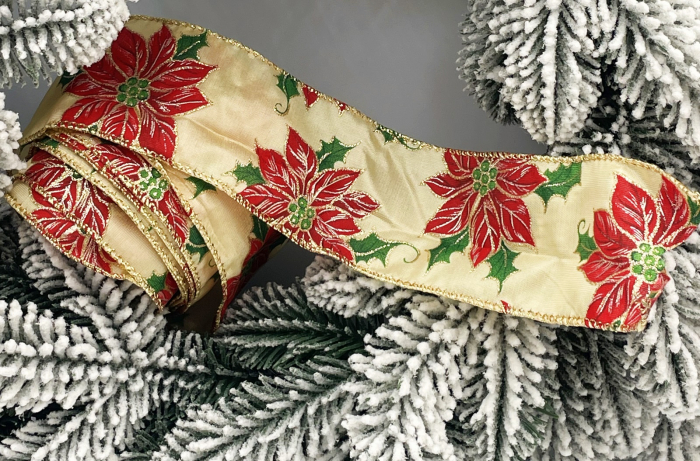 Panglica decorativa Brad Craciun POINSETTIA, Auriu/ Rosu, 6x350cm [1]