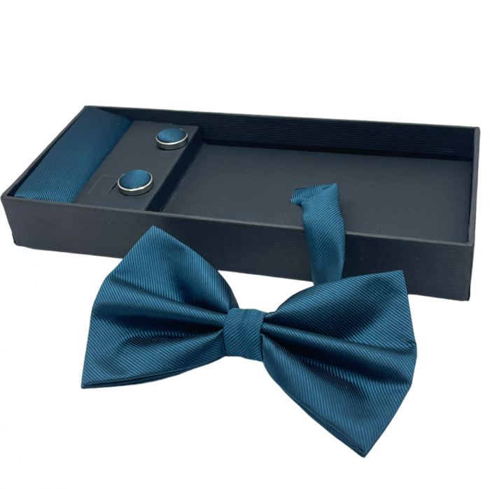 Papion albastru ocean, MISTERY, Set cu butoni si batista [1]