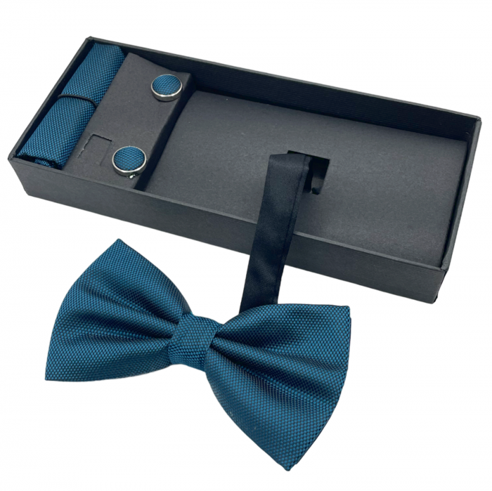 Papion albastru ocean, OXFORD, Set cu butoni si batista [1]
