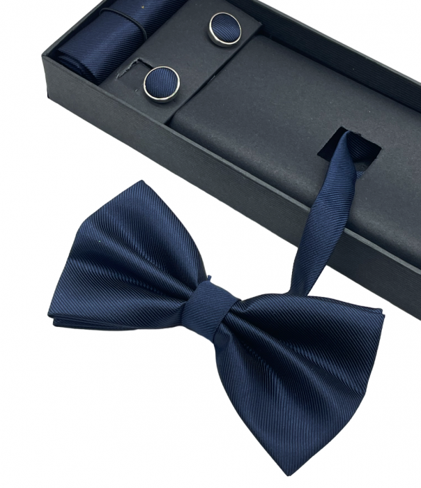 Papion bleumarin MISTERY, Set cu butoni si batista [3]