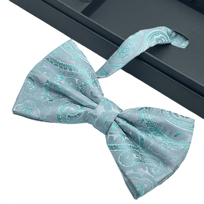 Papion gri-verde menta cu model, DEXTER, Set cu butoni si batista [2]