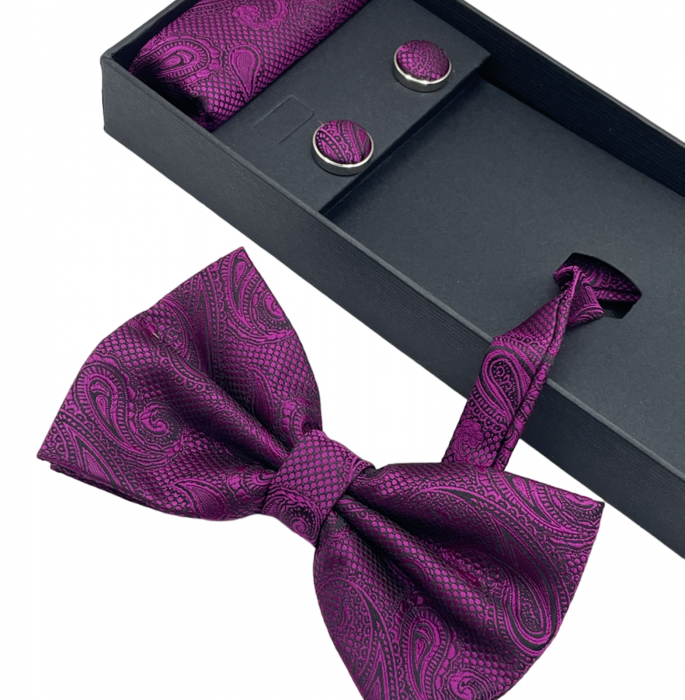Papion magenta cu model, DUSTIN, Set cu butoni si batista [2]