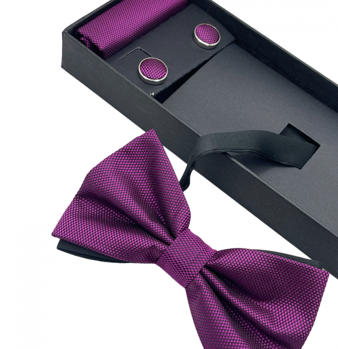 Papion mov magenta, OXFORD, Set cu butoni si batista [2]