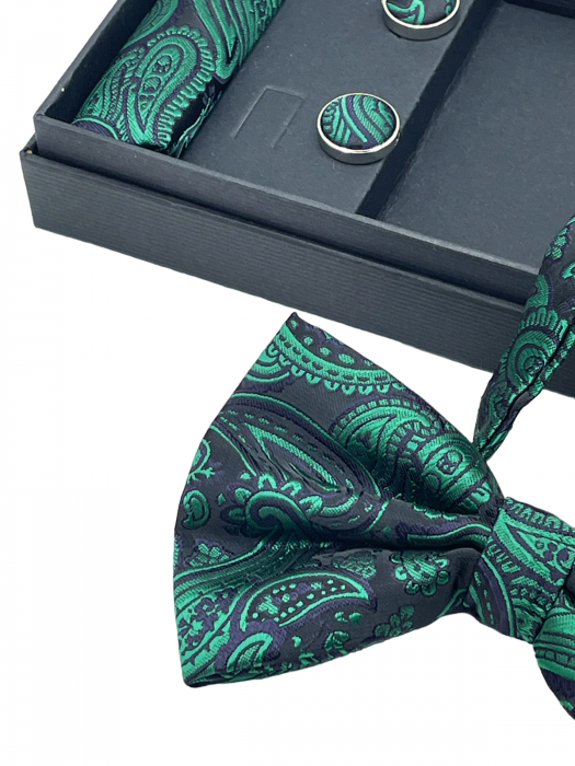 Papion negru-verde cu model, ELTON, Set cu butoni si batista [2]