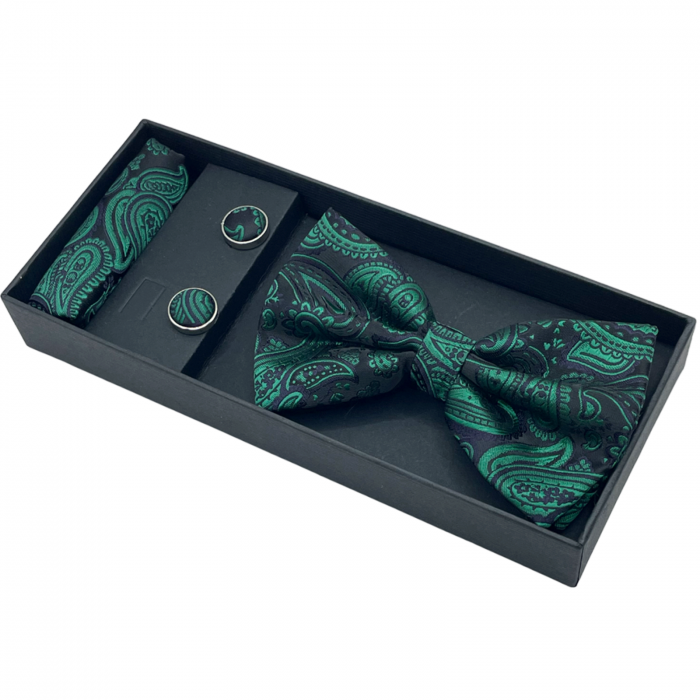 Papion negru-verde cu model, ELTON, Set cu butoni si batista [3]