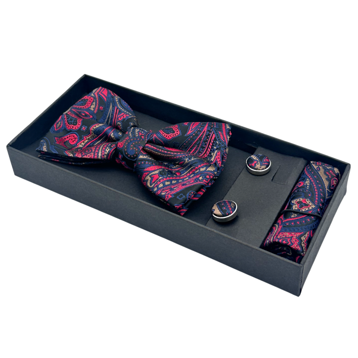 Papion negru-rosu cu model ROYAL, Set cu butoni si batista [2]
