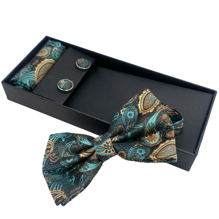 Papion turcoaz cu model paisley, IMPERIAL, Set cu butoni si batista [2]