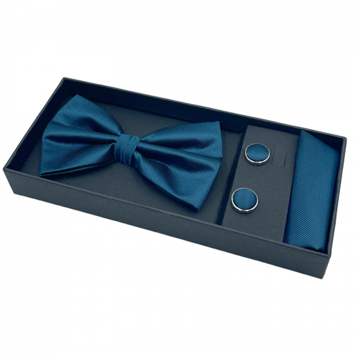Papion albastru ocean, MISTERY, Set cu butoni si batista [4]