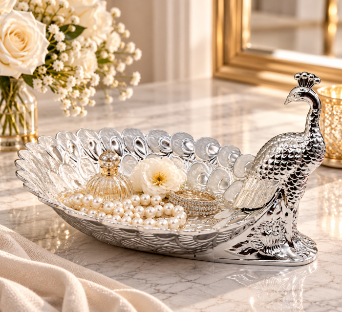 Platou decorativ SILVER PEACOCK - paun decor masa elegant [2]