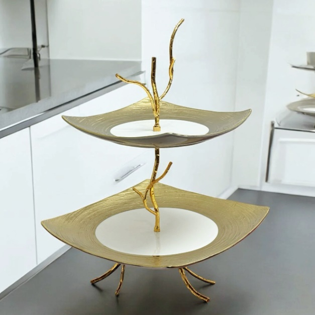 Etajera cu 2 Platouri MARGOT, Alb/ Auriu, Portelan [3]