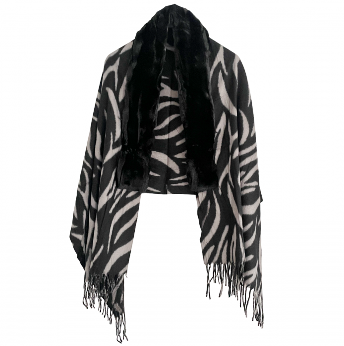 Esarfa tip Poncho cu blanita si franjuri Cashmere ZEBRA, Alb/ Negru [1]