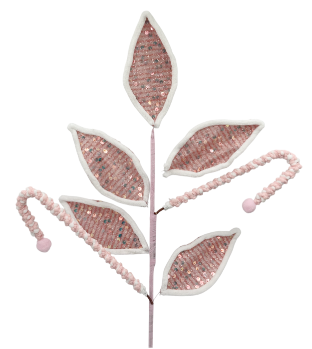 Ramură decorativă roz cu frunze si paiete SUGAR [2]