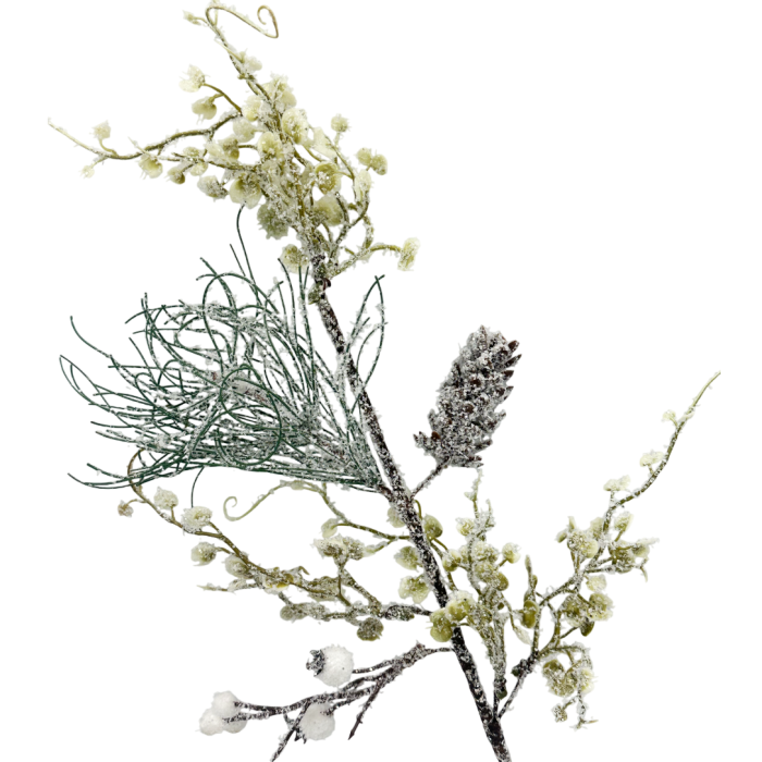 Ramură decorativă de iarnă cu con, flori și bobite ninse FREEZY, 50cm [3]