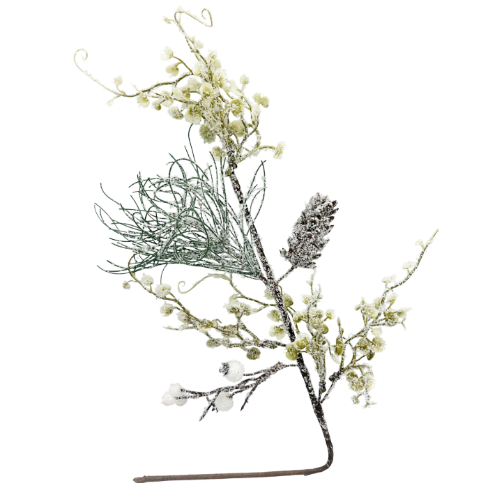 Ramură decorativă de iarnă cu con, flori și bobite ninse FREEZY, 50cm [1]