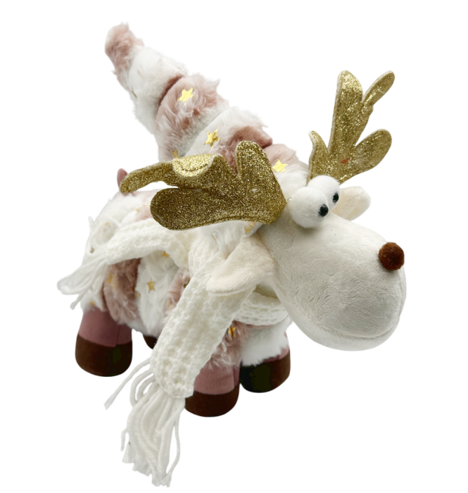 Ren decorativ roz pudrat cu coarne aurii și eșarfă albă [3]