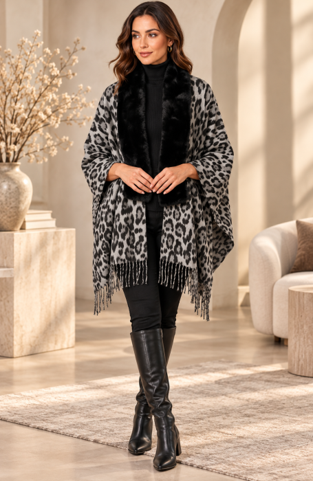 Poncho Damă Leopard WILD CHIC negru-gri [3]