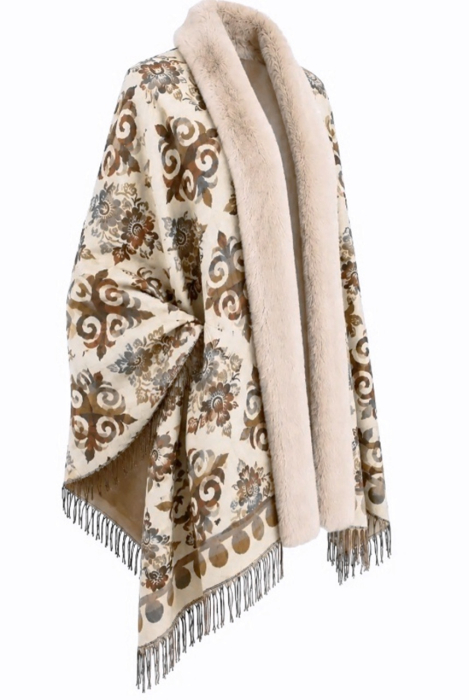 Sal Poncho cu blana si franjuri Cashmere ROYAL - crem [2]