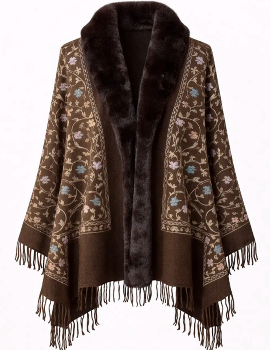 Esarfa tip Poncho maro cu blanita artificiala si broderie Cashmere DAPHNE [2]