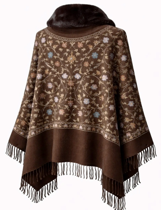 Esarfa tip Poncho maro cu blanita artificiala si broderie Cashmere DAPHNE [3]