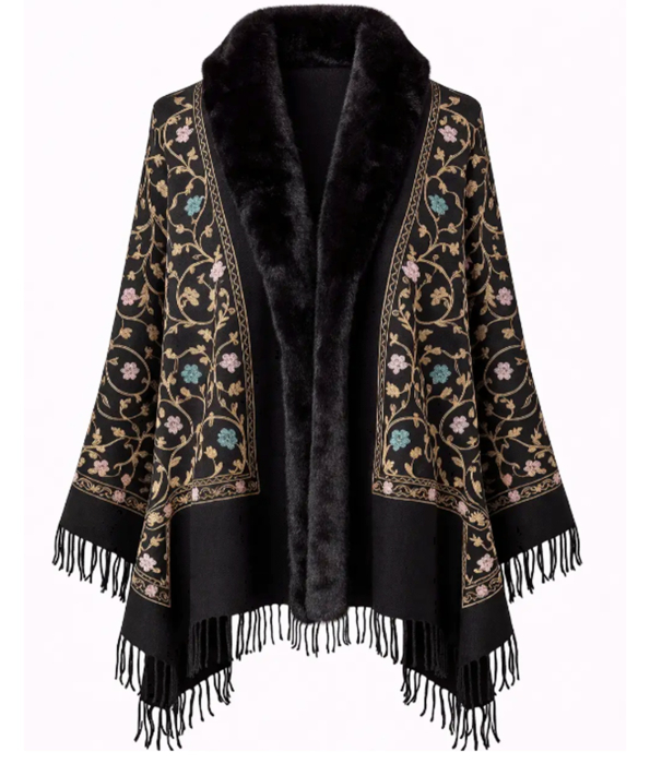 Sal Poncho neagra cu blanita artificiala si broderie Cashmere DAPHNE [2]