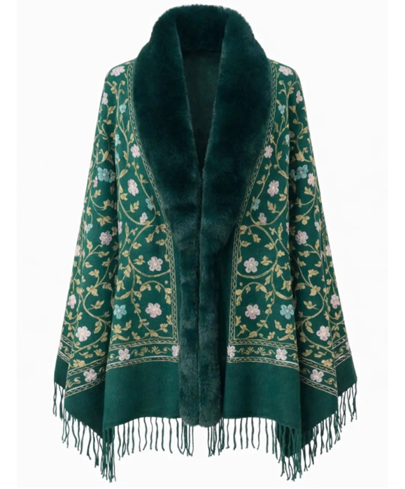 Sal Poncho casmir cu blana si broderie DAPHNE - Verde [2]