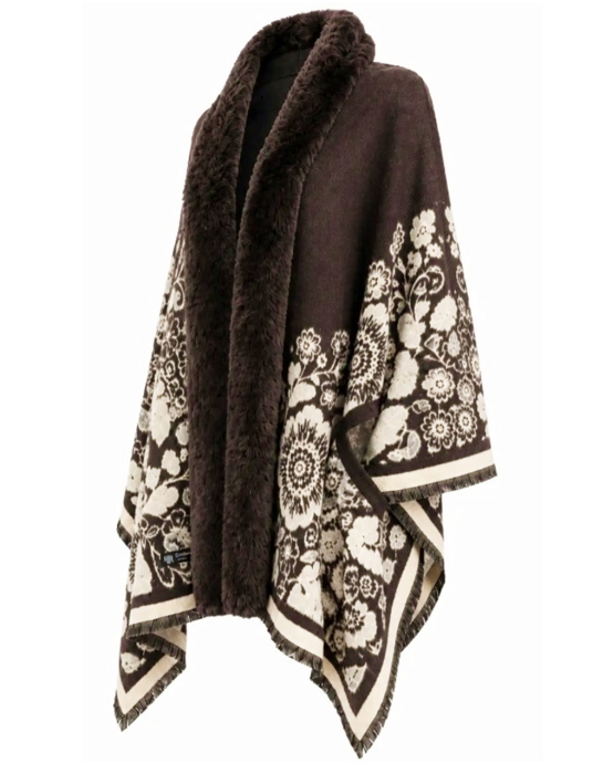 Sal Poncho cu blana si franjuri Cashmere FLORES - Maro inchis [2]