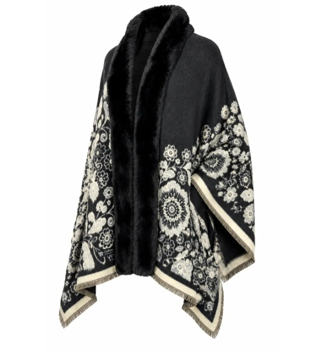 Sal Poncho cu blana si franjuri Cashmere FLORES - Negru [2]