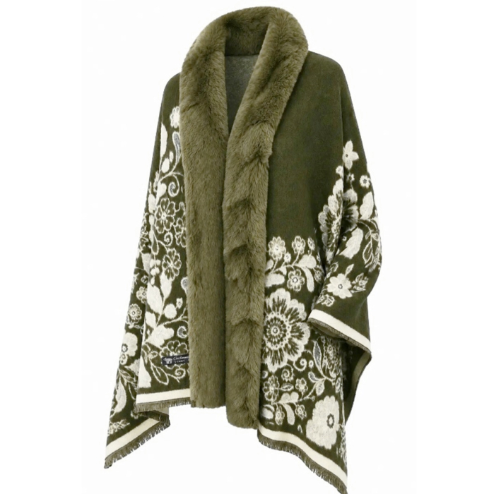Sal Poncho cu blana si franjuri Cashmere FLORES - Verde [2]