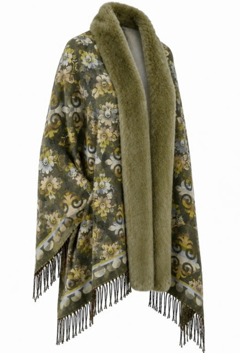 Sal Poncho cu blana si franjuri Cashmere ROYAL - Verde kaki [2]