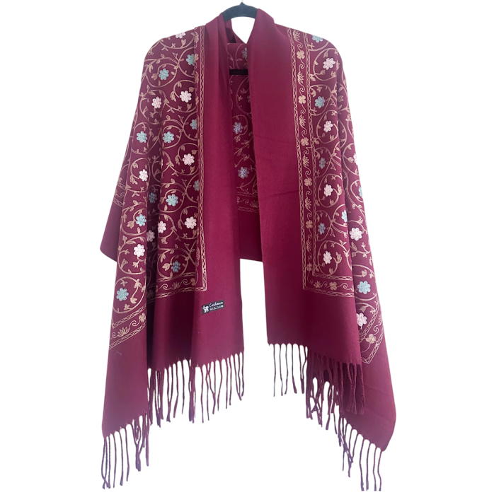 Sal Poncho cu broderie si franjuri Cashmere CHLOE - Burgundy [2]