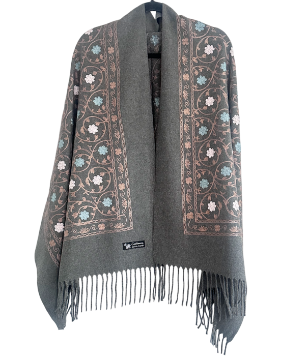 Sal Poncho cu broderie si franjuri Cashmere CHLOE - Gri [2]