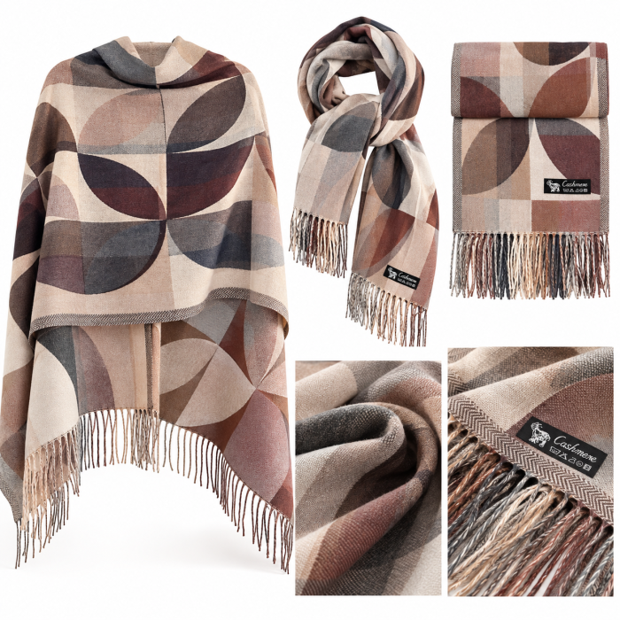 Sal Poncho cu model geometric ECLIPSE, Bej/ Maro [3]