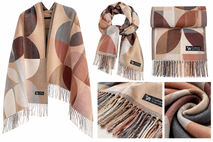 Sal Poncho cu model geometric ECLIPSE - Maro Camel/ Gri [5]