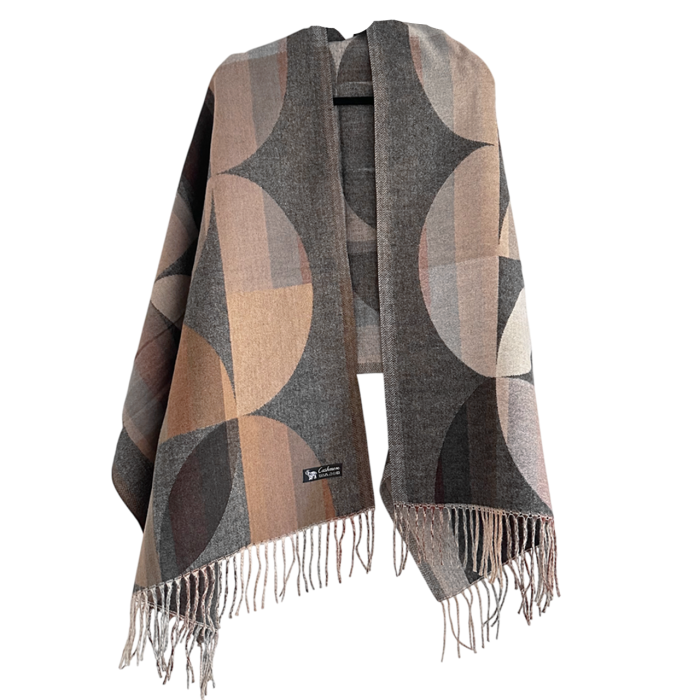 Sal Poncho cu model geometric si franjuri ECLIPSE, Gri/ Bej [2]