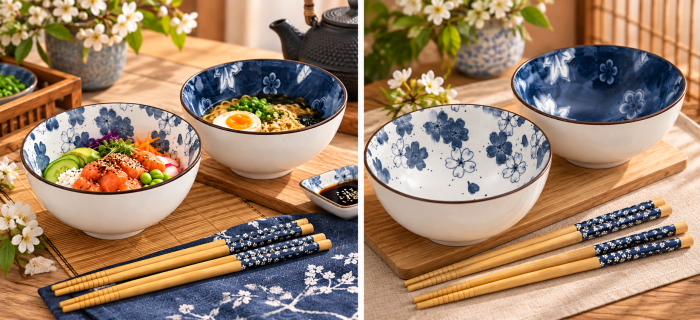 Set 2 boluri 250 ml ORIENTAL BLUE din portelan, Cu betisoare [5]
