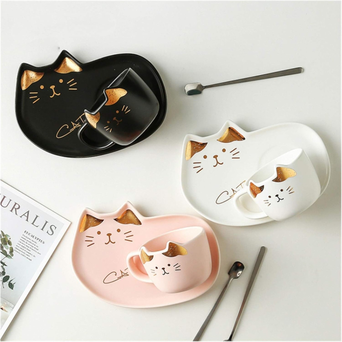 Set ceașcă și farfurioară pisică – alb, negru, roz [2]