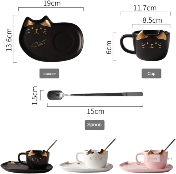 Set ceașcă și farfurioară pisică – alb, negru, roz [4]