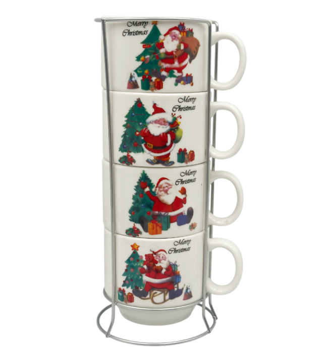 Set 4 Căni Crăciun cu Suport Metalic – Model Moș Crăciun [1]