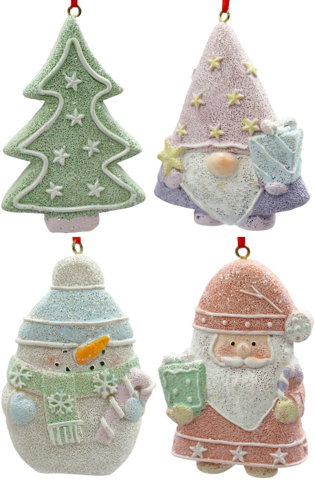 Set 4 decorațiuni de Crăciun PASTEL – Brad, Moș, Om de Zăpadă și Spiriduș [1]
