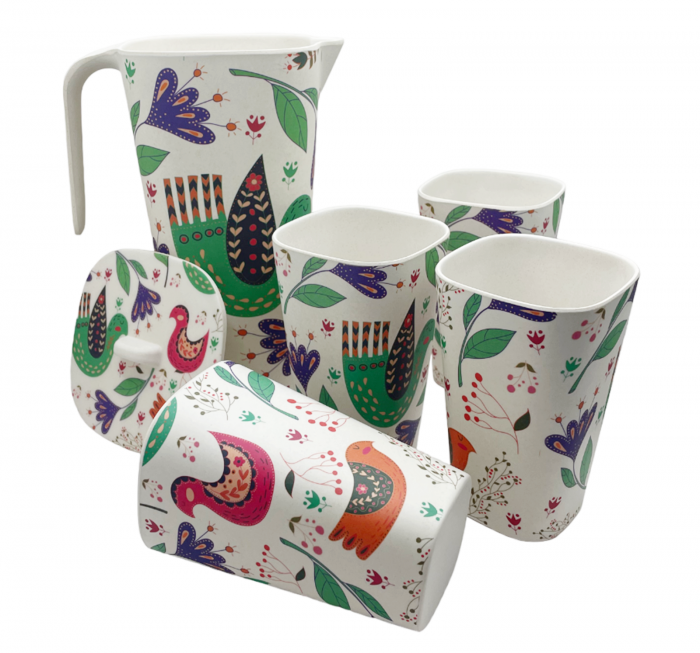 Set 4 pahare din bambus si Carafa BIRDS, 1000ml [2]