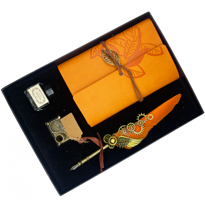 Set Agenda, Stilou vintage cu pana, Suport si Calimara ART, Portocaliu [1]