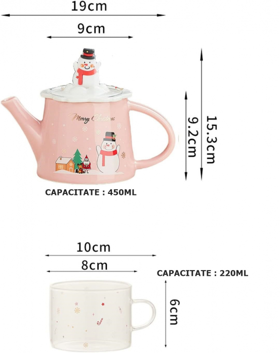Ceainic cu ceasca Craciun MAGIC, Roz, 450ml, Portelan [4]