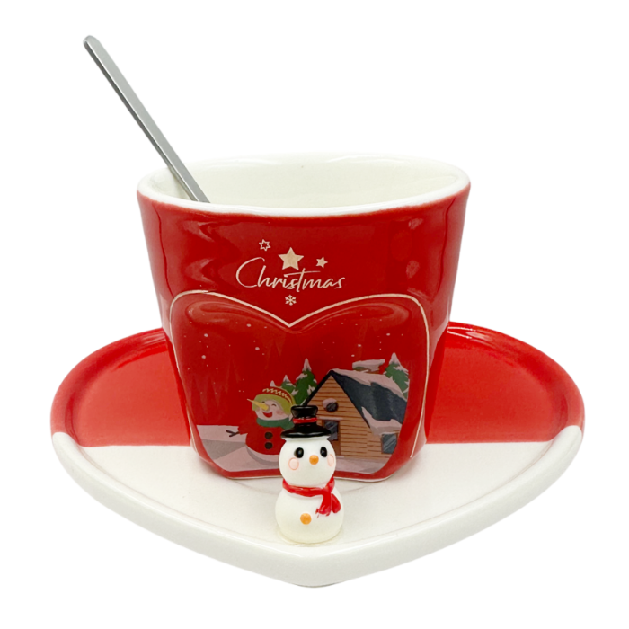 Set Ceasca cu Farfurioara Inima cu Om de Zapada JOY - Decor Craciun [1]